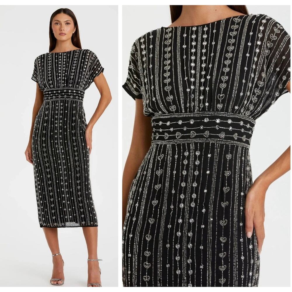 Mac Duggal 93649 Black Size 8 Beaded Empire Waist Midi Dress Cap Sleeves NWOT